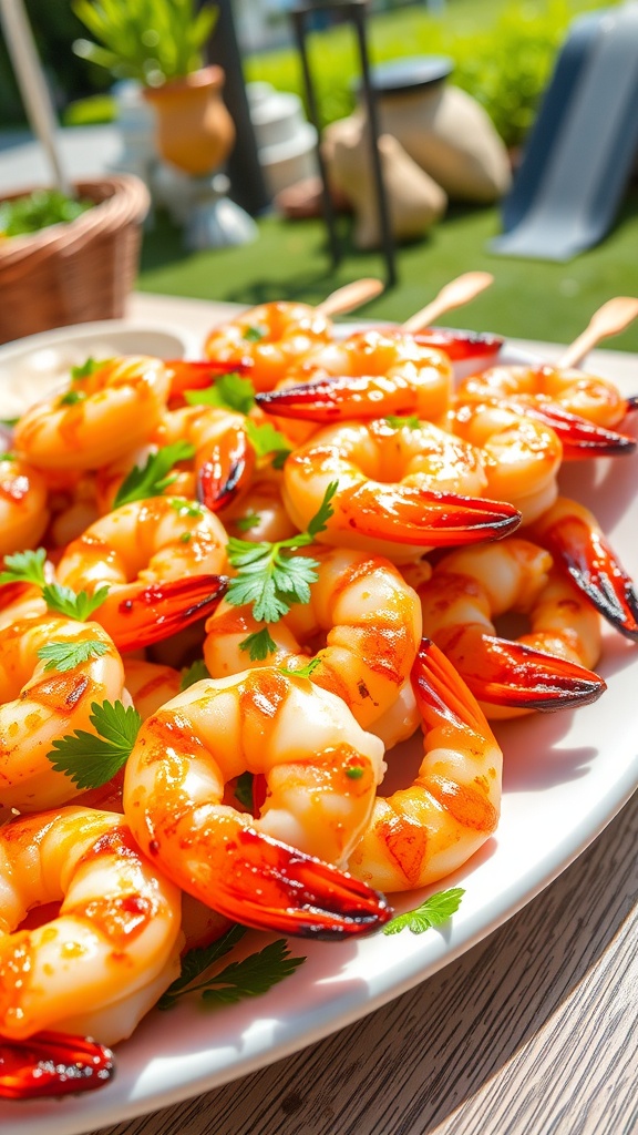 Grilled garlic shrimp kebabs served on skewers, garnished with parsley, on a summer outdoor table.
